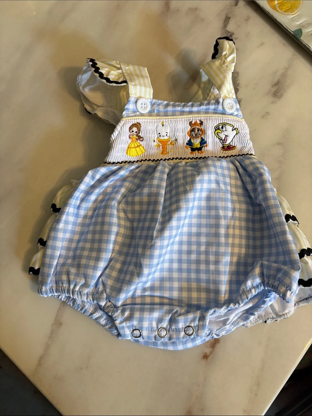 Smocked Blue Gingham Baby Footie with Character Embroidery